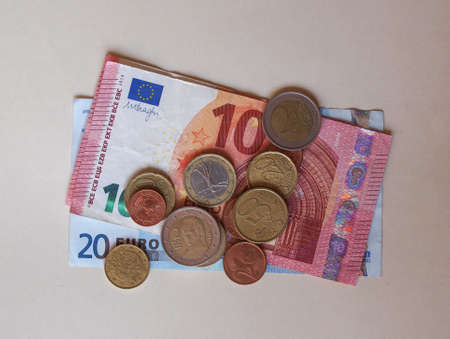 Euro (EUR) banknotes and coins, currency of European Union (EU)の写真素材