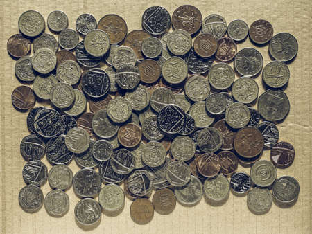 Vintage looking British Pound coins currency of the United Kingdomの写真素材