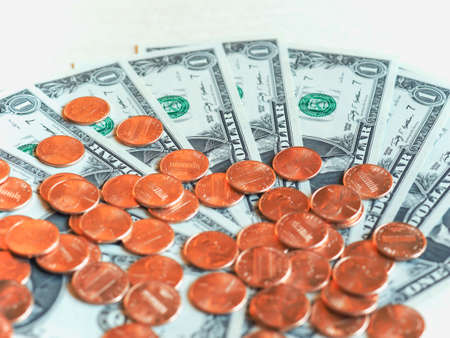 Dollar (USD) banknotes and coins, currency of United States (USA)の写真素材