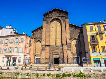 MILAN, ITALY - MARCH 28, 2015: Tourists at the Naviglio Grande canal waterway in Milan Italy (HDR)のeditorial素材