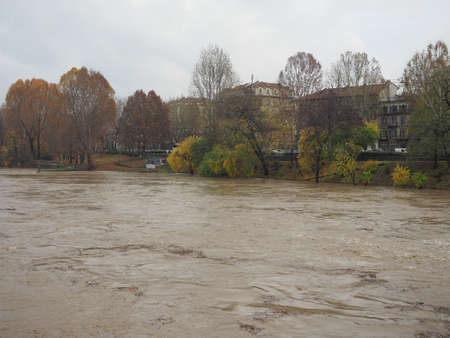 River Po flood in Turin city centre, Italyの写真素材