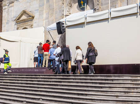 TURIN, ITALY - APRIL 22, 2015: People queueing in front of Turin cathedral to visit the Holy Shroud of Turin (HDR)のeditorial素材