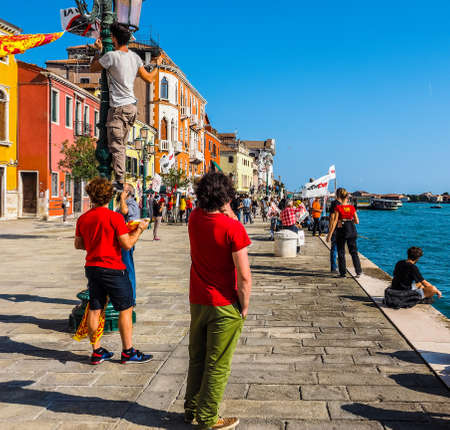 VENICE, ITALY - CIRCA SEPTEMBER 2016: HDR Fuori le navi dalla laguna (meaning No cruise ships in the lagoon) protest with many guests including Italian musician Eugenio Finardiのeditorial素材