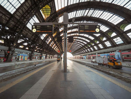 MILAN, ITALY - CIRCA JANUARY 2017: Train platforms at Stazione Centrale Central railway stationのeditorial素材