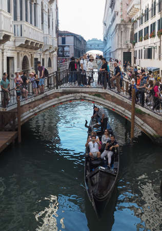 VENICE, ITALY - CIRCA SEPTEMBER 2016: Gondola traditional flat bottomed rowing boat in the Venetian lagoonのeditorial素材