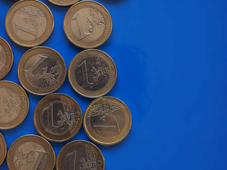 euro coins money eur currency of european union over blue background with copy spaceの写真素材