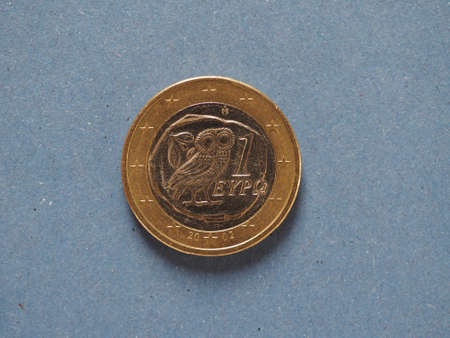 1 euro coin money eur currency of european union greece over blue backgroundの写真素材