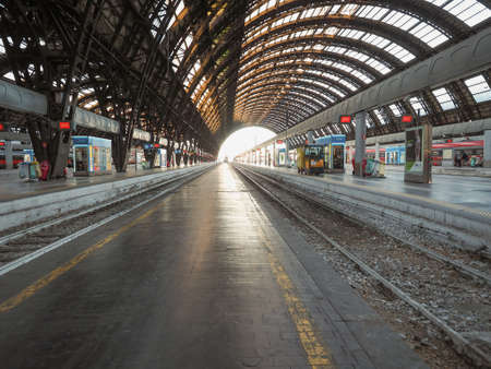 MILAN, ITALY - CIRCA JANUARY 2017: Train platforms at Stazione Centrale Central railway stationのeditorial素材