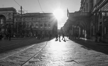 MILAN, ITALY - CIRCA JANUARY 2017: View of the old city centre silhouette against the sun at sunset in black and whiteのeditorial素材