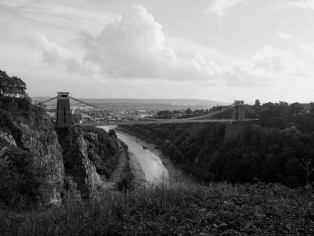 Clifton Suspension Bridge spanning the Avon Gorge and River Avon designed by Brunel and completed in 1864 in Bristol, UK in black and whiteの写真素材