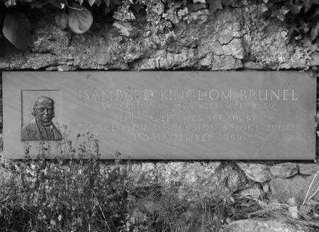 BRISTOL, UK - CIRCA SEPTEMBER 2016: Commemorative plaque for Isambad Kingdom Brunel who designed Clifton Suspension Bridge spanning the Avon Gorge and River Avon in black and whiteのeditorial素材