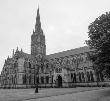 Salisbury Cathedral (aka Cathedral Church of the Blessed Virgin Mary) in Salisbury, UK in black and whiteの写真素材