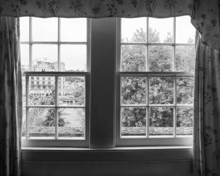 BATH, UK - CIRCA SEPTEMBER 2016: View of Bath old city centre from a window in black and whiteのeditorial素材