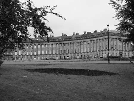 BATH, UK - CIRCA SEPTEMBER 2016: The Royal Crescent row of terraced houses in black and whiteのeditorial素材