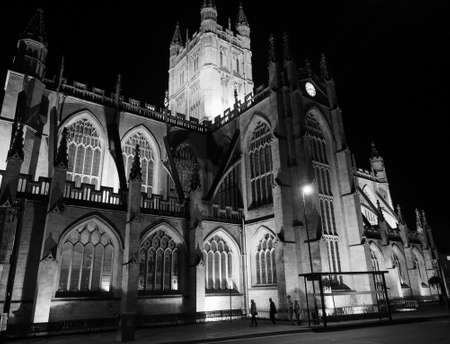 BATH, UK - CIRCA SEPTEMBER 2016: The Abbey Church of Saint Peter and Saint Paul (aka Bath Abbey) at night in black and whiteのeditorial素材