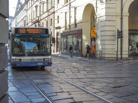 TURIN, ITALY - CIRCA JANUARY 2017: Bus line 68 public transport in the city centreのeditorial素材