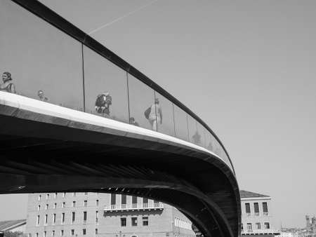 VENICE, ITALY - CIRCA SEPTEMBER 2016: Ponte della Costituzione (meaning Constitution Bridge) over Grand Canal designed by Santiago Calatrava in black and whiteのeditorial素材