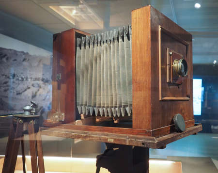 TURIN, ITALY - CIRCA MARCH 2017: Vintage photographic camera end of 19th - early 20th century used by archeologist Ernesto Schiapparelli in Egypt, now at Egyptian Museum in Turinのeditorial素材