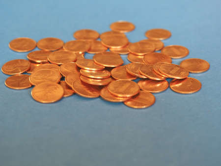 One Cent Dollar coins money (USD), currency of United States over blue background