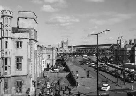 BRISTOL, UK - CIRCA SEPTEMBER 2016: Bristol Temple Meads railway station designed by Brunel in 1840s and extended in 1870s in black and whiteのeditorial素材