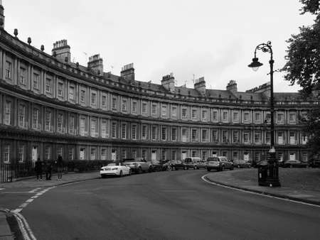 BATH, UK - CIRCA SEPTEMBER 2016: The Royal Crescent row of terraced houses in black and whiteのeditorial素材