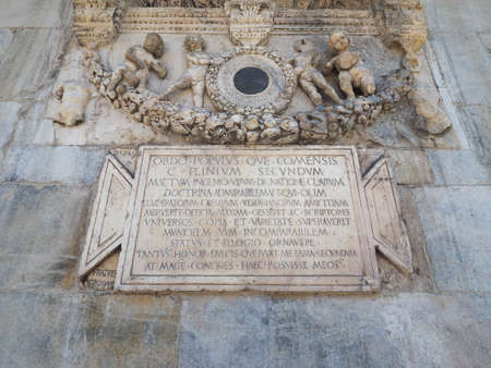 COMO, ITALY - CIRCA APRIL 2017: Plaque commemorating Gaius Plinius Secundus aka Pliny the Elder Roman author and natural philosopherのeditorial素材