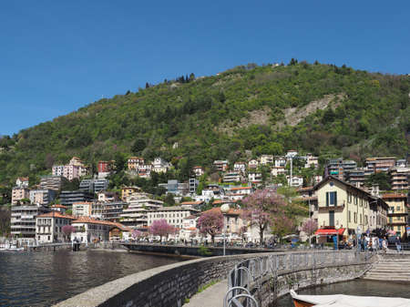 COMO, ITALY - CIRCA APRIL 2017: View of Lago di Como (Lake Como)のeditorial素材