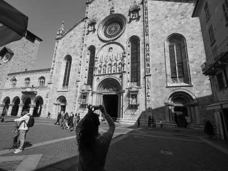 COMO, ITALY - CIRCA APRIL 2017: Santa Maria Assunta Roman Catholic cathedral church and Broletto (town hall) in black_and_whiteのeditorial素材