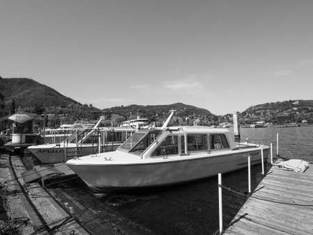 COMO, ITALY - CIRCA APRIL 2017: View of Lago di Como (Lake Como) in black and whiteのeditorial素材