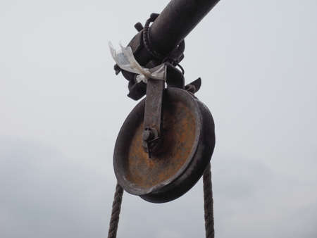 a pulley in a construction site with copy spaceの写真素材