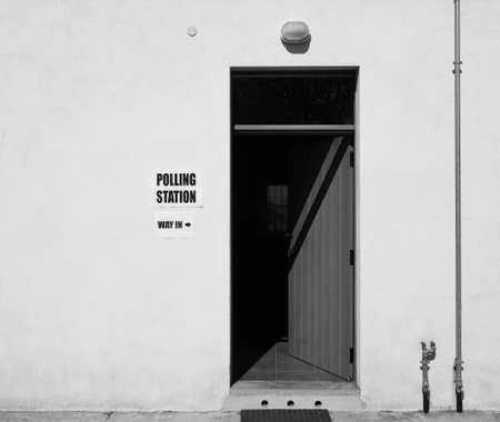 Polling station place for voters to cast ballots in general elections in black and whiteの写真素材