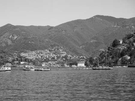 COMO, ITALY - CIRCA APRIL 2017: View of Lago di Como (Lake Como) in black and whiteのeditorial素材