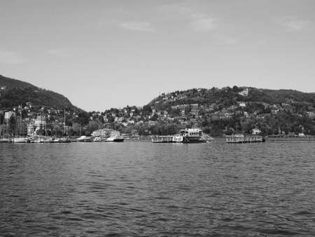 COMO, ITALY - CIRCA APRIL 2017: View of Lago di Como (Lake Como) in black and whiteのeditorial素材