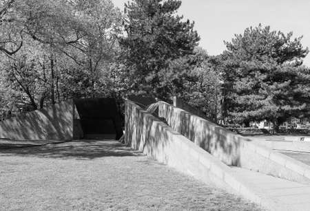 COMO, ITALY - CIRCA APRIL 2017: Monumento alla Resistenza Europea (European Resistance war memorial) designed by sculptor Gianni Colombo in black and whiteのeditorial素材