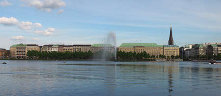 HAMBURG, GERMANY - CIRCA MAY 2017: Binnenalster (meaning Inner Alster lake) with Alster Fountain, high resolution wide panoramic viewのeditorial素材