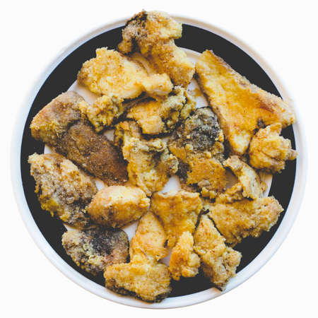 Fried porcini mushrooms in a dish, vintage faded lookの写真素材