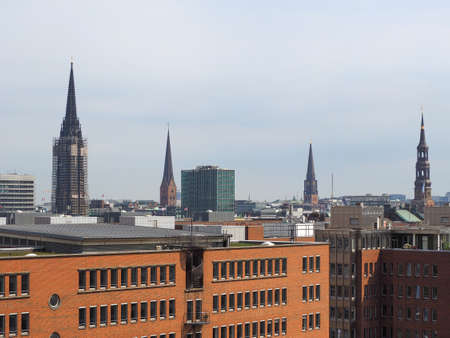 Aerial view of the city skyline seen from Hafencity in Hamburg, Germanyの写真素材