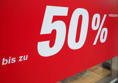 Bis zu 50% reduziert (meaning up to 50% discount) signの写真素材