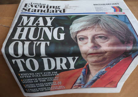 LONDON, UK - CIRCA JUNE 2017: Theresa May on the front page of newspapers on the day after the general elections which resulted in a hung parliamentのeditorial素材