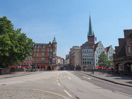 LUEBECK, GERMANY - CIRCA MAY 2017: View of the city from Holstenbruckeのeditorial素材