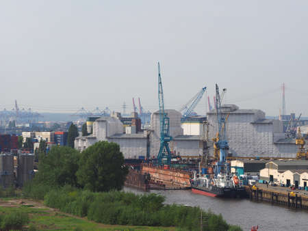 HAMBURG, GERMANY - CIRCA MAY 2017: Hamburger Hafen (Port of Hamburg) sea port on the river Elbeのeditorial素材