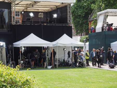 LONDON, UK - JUNE 09, 2017: Press and TV crews in College Green Westminster just opposite the Houses of Parliament, on the day following the June 8 general electionsのeditorial素材