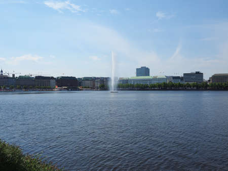 HAMBURG, GERMANY - CIRCA MAY 2017: Alster Fountain at Binnenalster (meaning Inner Alster lake)
