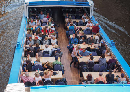 HAMBURG, GERMANY - CIRCA MAY 2017: Boat in HafenCity canal in Hamburg portのeditorial素材