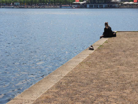 HAMBURG, GERMANY - CIRCA MAY 2017: People on Binnenalster (meaning Inner Alster lake) bankのeditorial素材