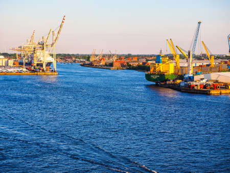 HAMBURG, GERMANY - CIRCA MAY 2017: Hamburger Hafen (Port of Hamburg) sea port on the river Elbe, hdrのeditorial素材