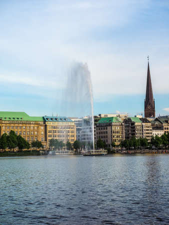 HAMBURG, GERMANY - CIRCA MAY 2017: Alster Fountain at Binnenalster (meaning Inner Alster lake), hdrのeditorial素材