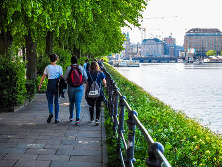 HAMBURG, GERMANY - CIRCA MAY 2017: People on Binnenalster (meaning Inner Alster lake) bank, hdrのeditorial素材