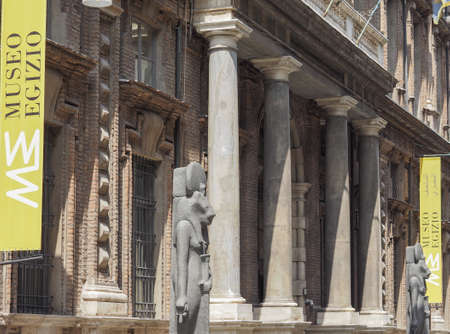 TURIN, ITALY - CIRCA JULY 2017: Museo Egizio (meaning Egyptian Museum) facade with replica statues of Goddess Sekhmet daughter of the sunのeditorial素材
