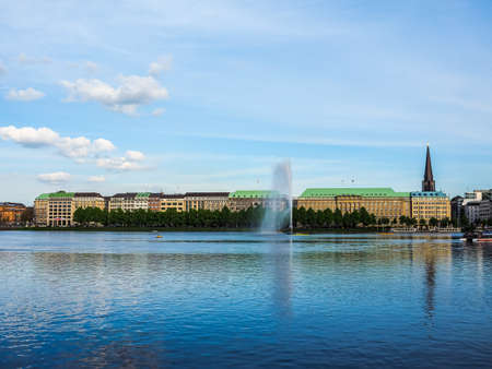 HAMBURG, GERMANY - CIRCA MAY 2017: Alster Fountain at Binnenalster (meaning Inner Alster lake), hdr